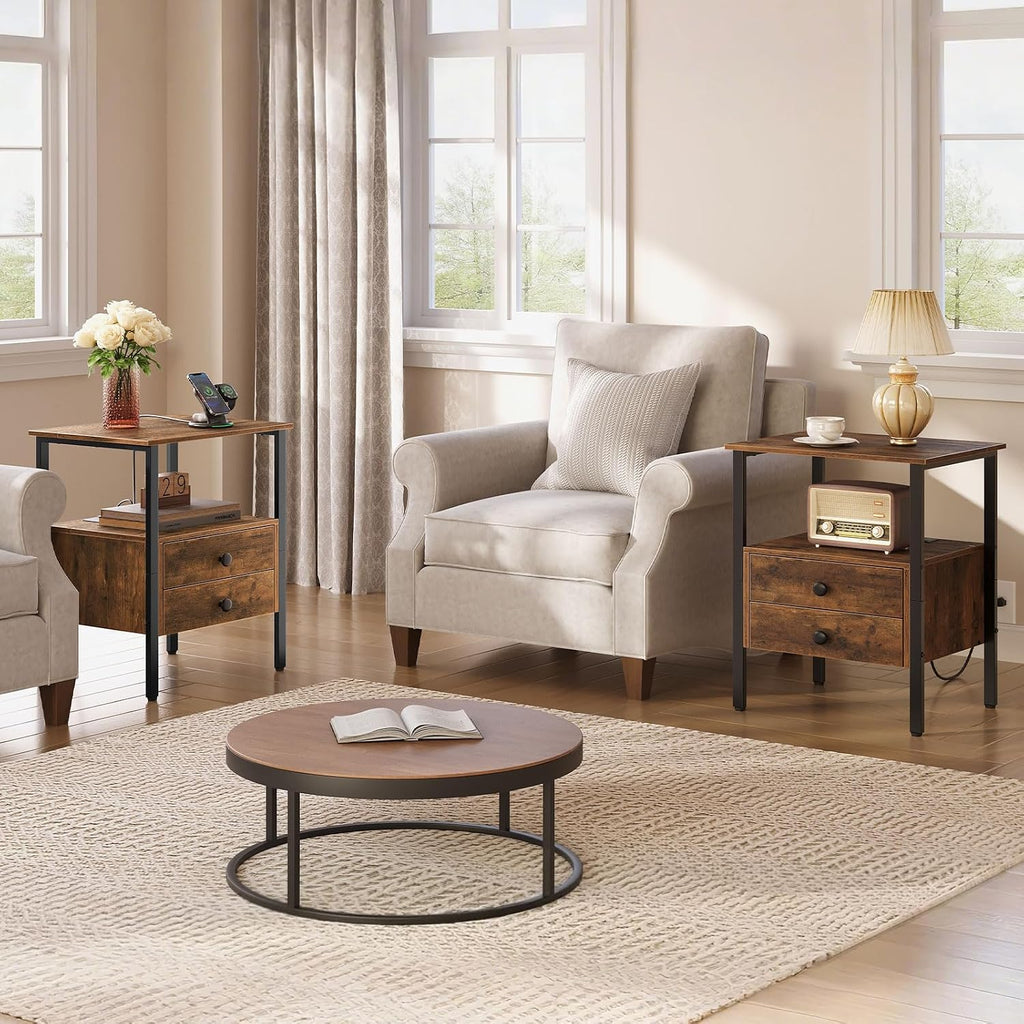 HOOBRO End Table Set of 2 with Charging Station, Bedside Table with 2 Drawer & USB Ports & Type-C Port, Nightstand for Small Spaces, Stable and Sturdy, for Living Room, Rustic Brown BF43UBZP201