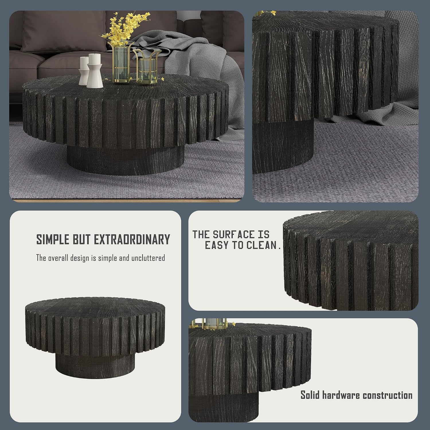 Round Wood Coffee Table for Living Room Modern Rustic Fluted Coffee Table Pedestal Center Table Circle Tea Tables for Apartment Easy Assembly 31.5'' Black