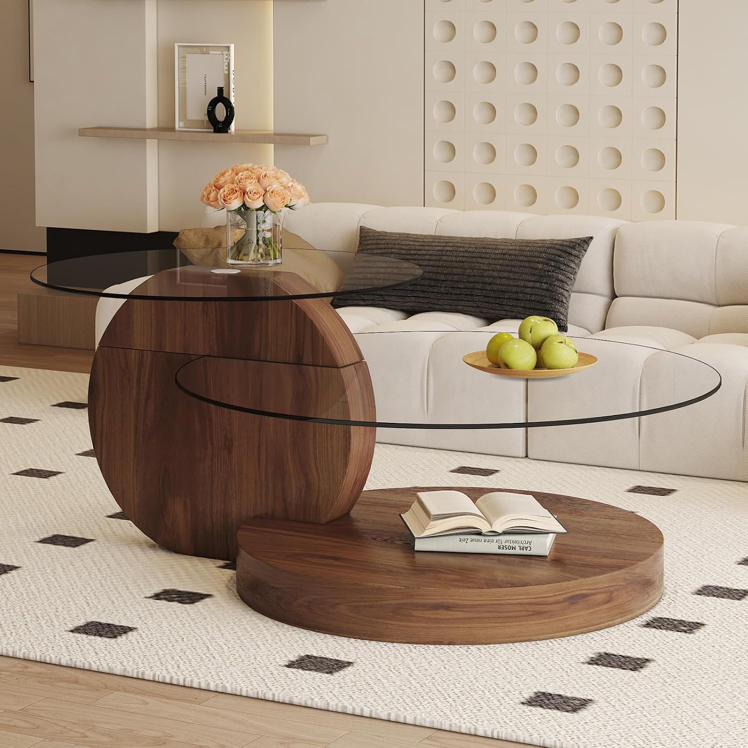 Glass Coffee Table 3 Tier Round Coffee Tables Tempered Clear Glass Top and Wood Table with Storage Modern Circle Coffee Table for Living Room(42' Dark Brown)