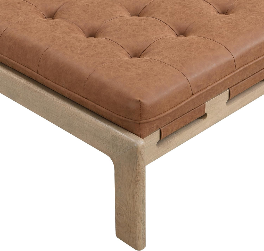 Merax 34'' Tufted Upholstered Cocktail Ottoman, Square Leather Ottoman Coffee Table, PU Leather Ottoman for Living Room, Bedroom, Office,Reddish Brown