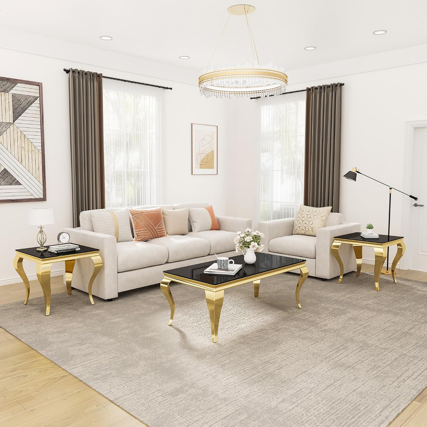 Glass Coffee Table Set of 3, Modern 3 Piece Living Room Set Include 1 Coffee Table and 2 End Tables, with Black Tempered Glass Top and Gold Stainless Steel Legs for Apartment