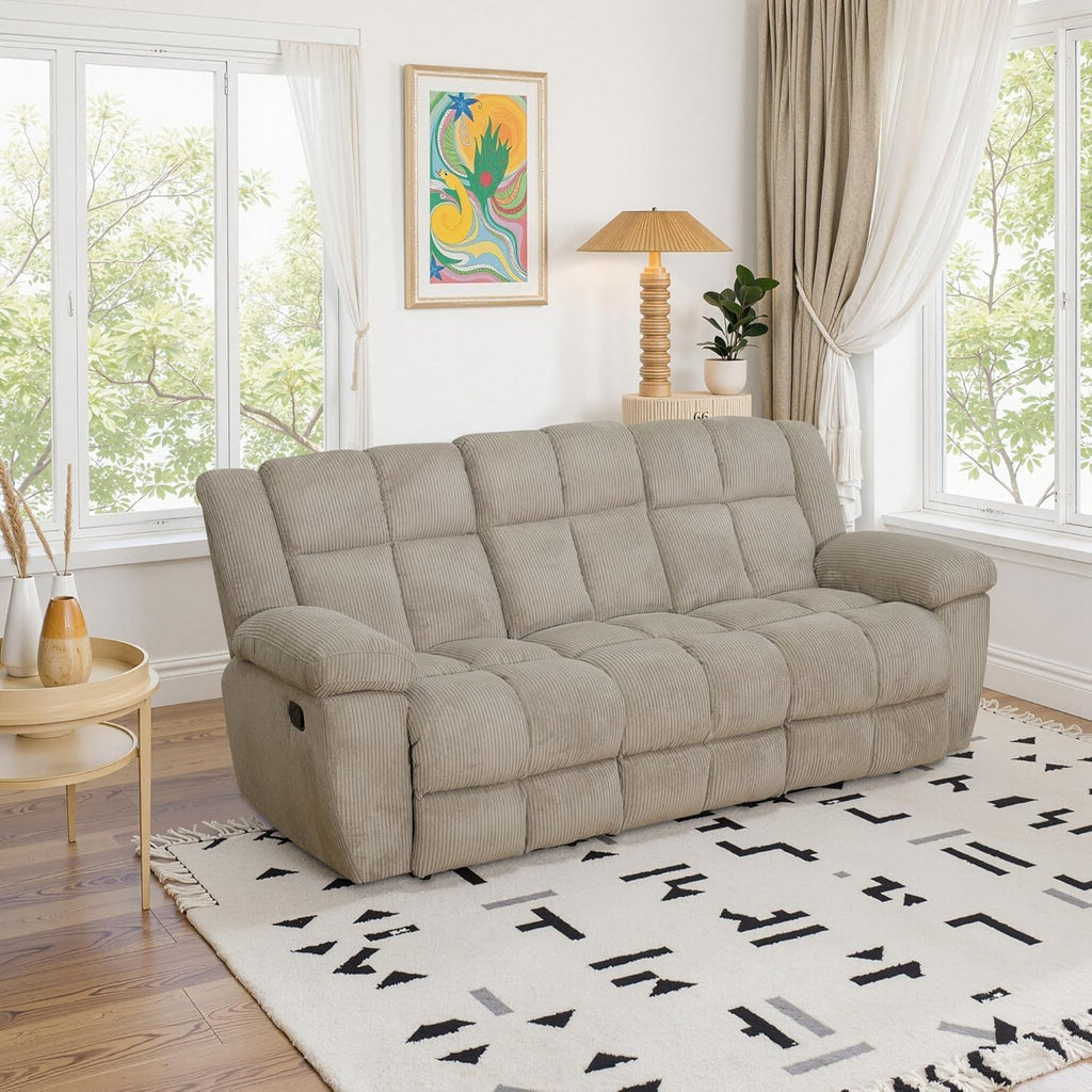 Corduroy Fabric Recliner Sofa Set, 3 Piece Living Room Furniture Set, Manual Reclining Sofa Loveseat Chair Set with Cup Holders/Storage/Drop Down Table (Beige, Sofa+Two Cahirs)