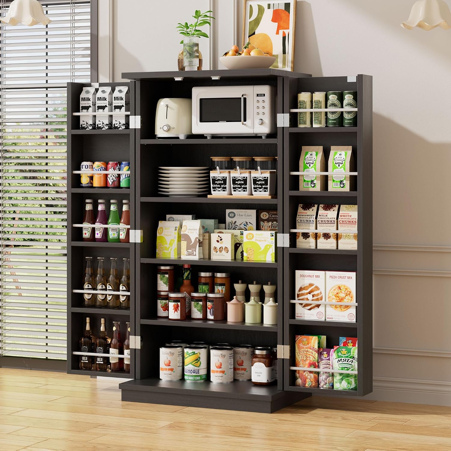 Pantry Cabinet, 47in Wooden Kitchen Storage Pantry Cabinet, Freestanding Storage Cabinets with 2 Doors, Adjustable Shelves, Black