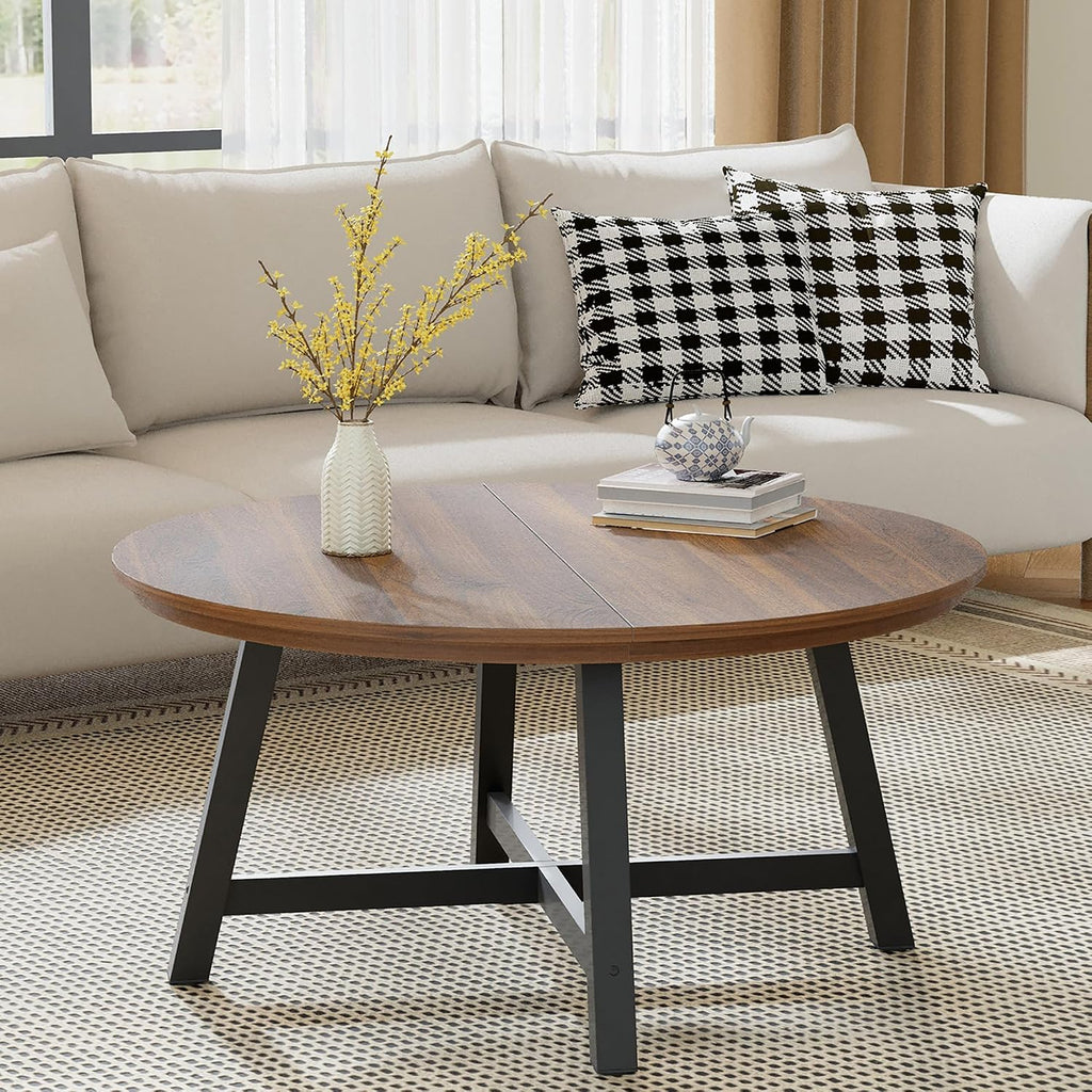 36' Round Coffee Table for Living Room, Large Circle Center Table with Wood Grain Top, Thick Metal Legs & Adjustable Feet, Modern Round Coffee Tables for Apartments Homes Easy Assembly, Brown