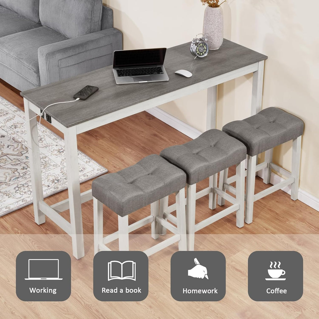 Merax 59 inch Bar Table Set with Power Outlet USB/Type-C, Behind Couch Table with 3 Padded Stools for Kitchen, Living Room, White & Grey