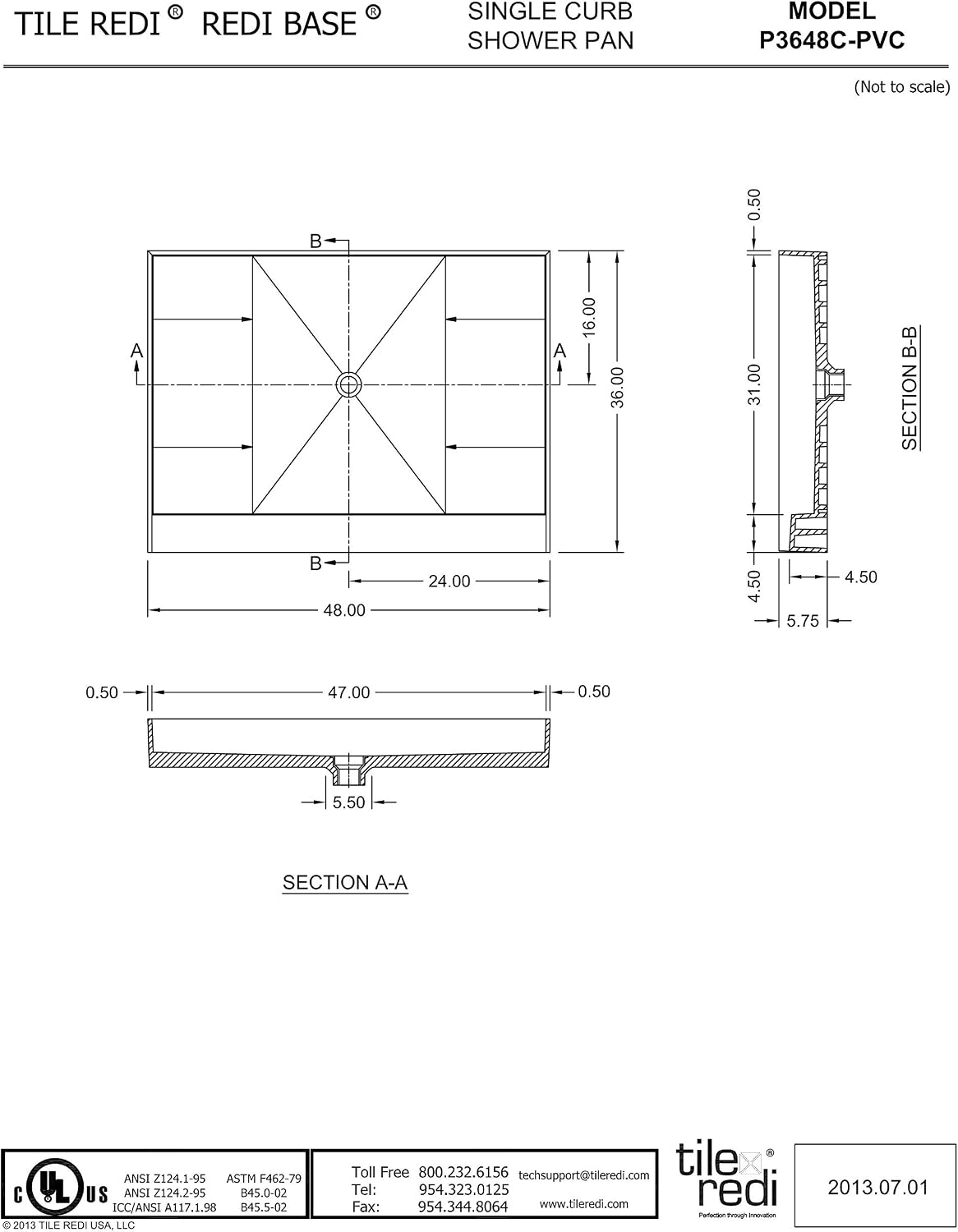 Tile Redi USAP3648C-SCSQMVZ Redi Base Shower Pan, 48' W x 36' D with Flashing, Matte Black