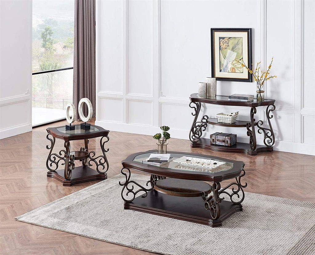 Elegant Retro Console Table, 3-Tier Traditional Rectangle Sofa Table with Tempered Glass Top, Mid-Marble Shelf, Vintage Accent Entryway Table for Living Room Hallway, Easy Assembly