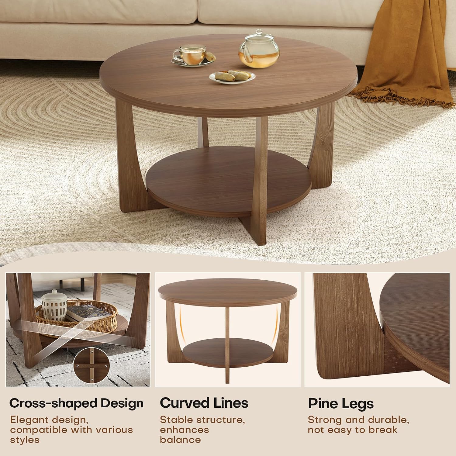 BECHAEO 31.5'' Round Coffee Table with Solid Wood Pine Legs, 2-Tier Rustic Round Coffee Table with Storage Shelf, Small Modern Wood Circle Center Tables for Living Room (Walnut)