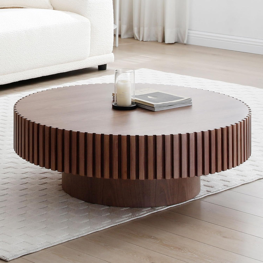 WILLIAMSPACE 35.43' Walnut Round Coffee Table, Modern Luxury Wood Circle Drum Center Table for Living Room, Accent Side Table End Table for Apartment, ø35.43' x 13.77'H (Walnut)