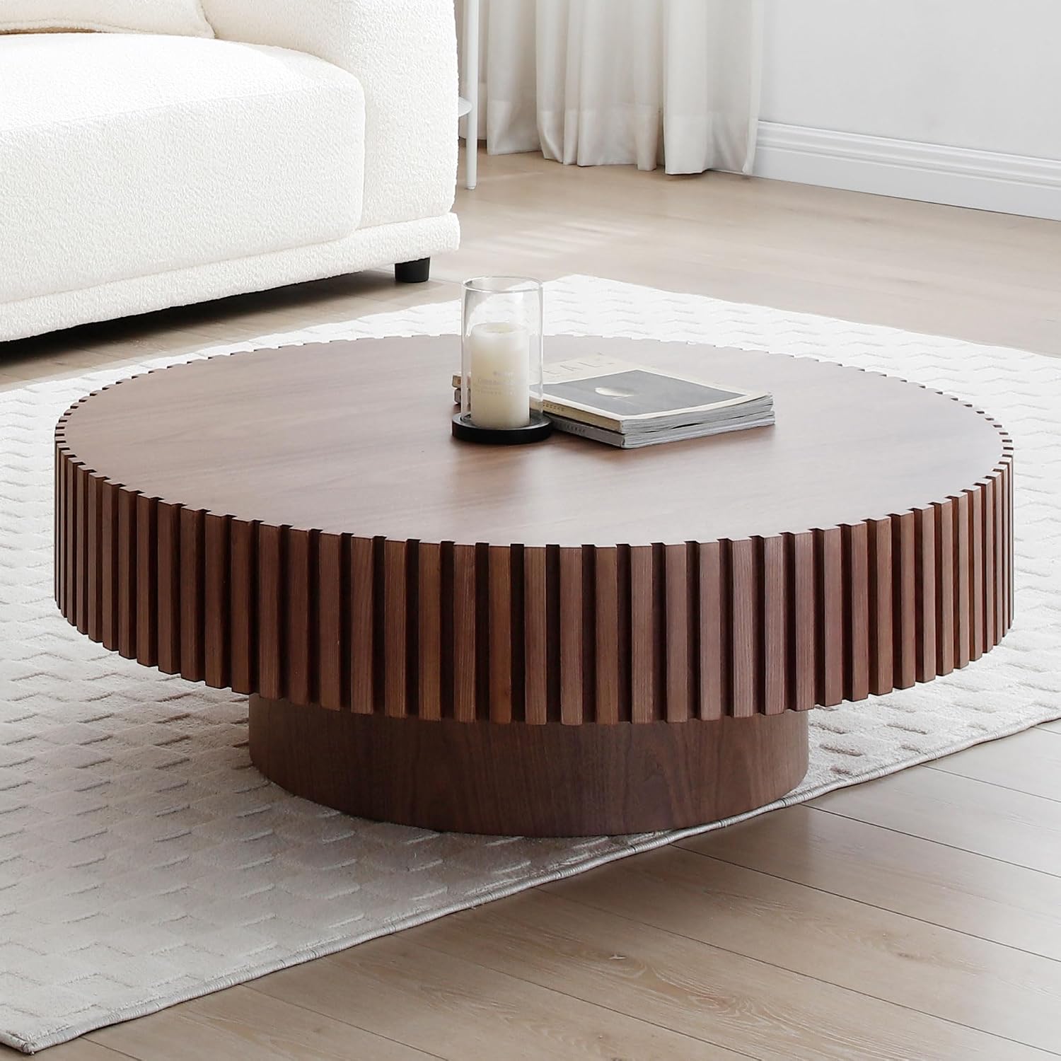 WILLIAMSPACE 39.4' Walnut Round Coffee Table, Modern Luxury Wood Circle Drum Center Table for Living Room, Accent Side End Table for Apartment, ø39.4'' x 13.4''H (Walnut)