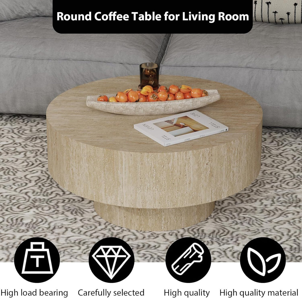Modern Round Coffee Table, Round Coffee Tables for Living Room Contemporary Low Circle Center Table for Apartment, Farmhouse, Office, Mesa De Cafe (Round Travertine)