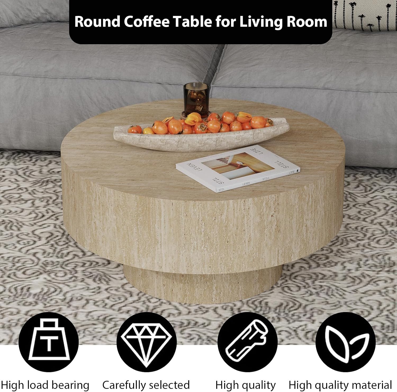Modern Round Coffee Table, Round Coffee Tables for Living Room Contemporary Low Circle Center Table for Apartment, Farmhouse, Office, Mesa De Cafe (Round Travertine)