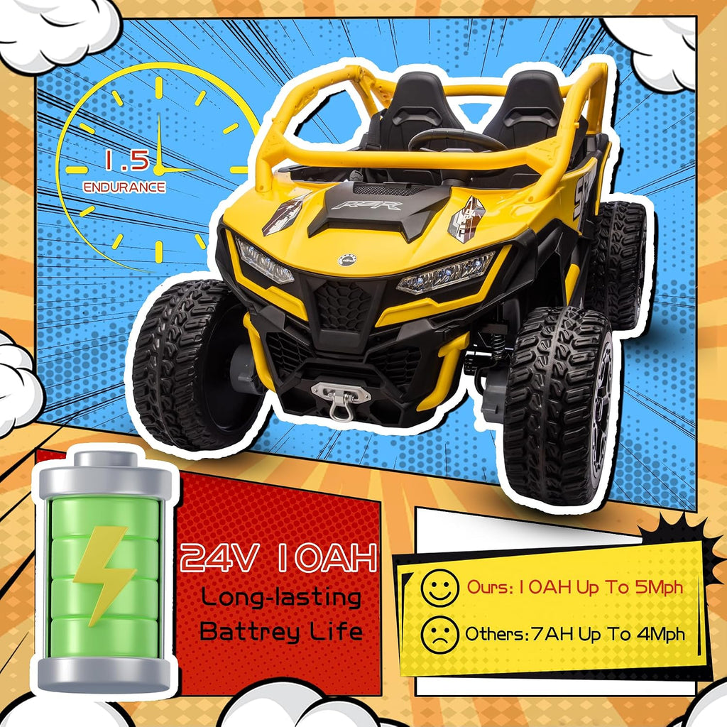wanan XL 24V 10AH Ride on Toys for Big Kids Real 2-Seater, 4x4 4WD Motor Ride on Car Kid UTV for Kids 3-8, Remote Control, Bluetooth Music, 4 Spring Suspension, 22' Spacious Seats (Yellow)