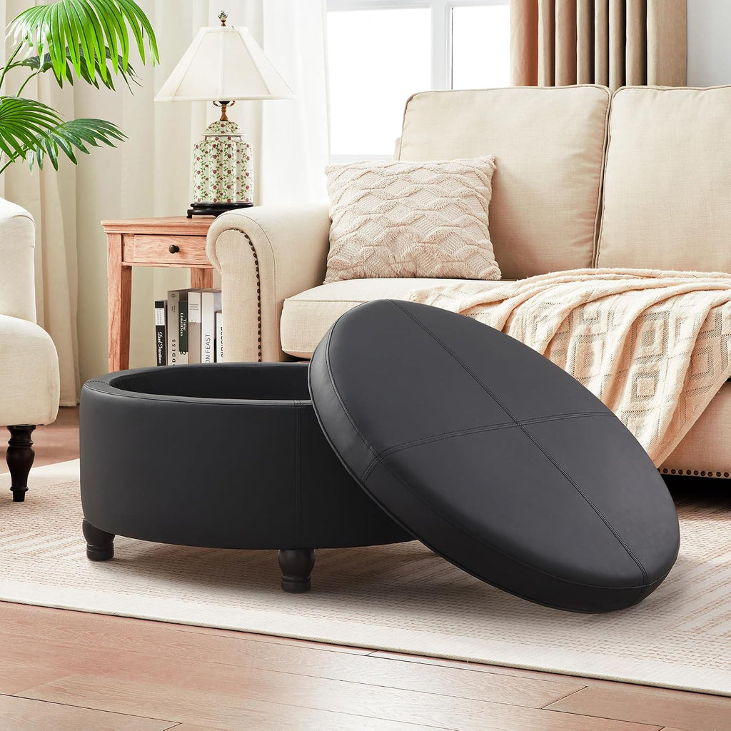 30-Inch Round Storage Ottoman, Modern Ottoman Coffee Table with Removable Top for Living Room, Bedroom, Office (Black)