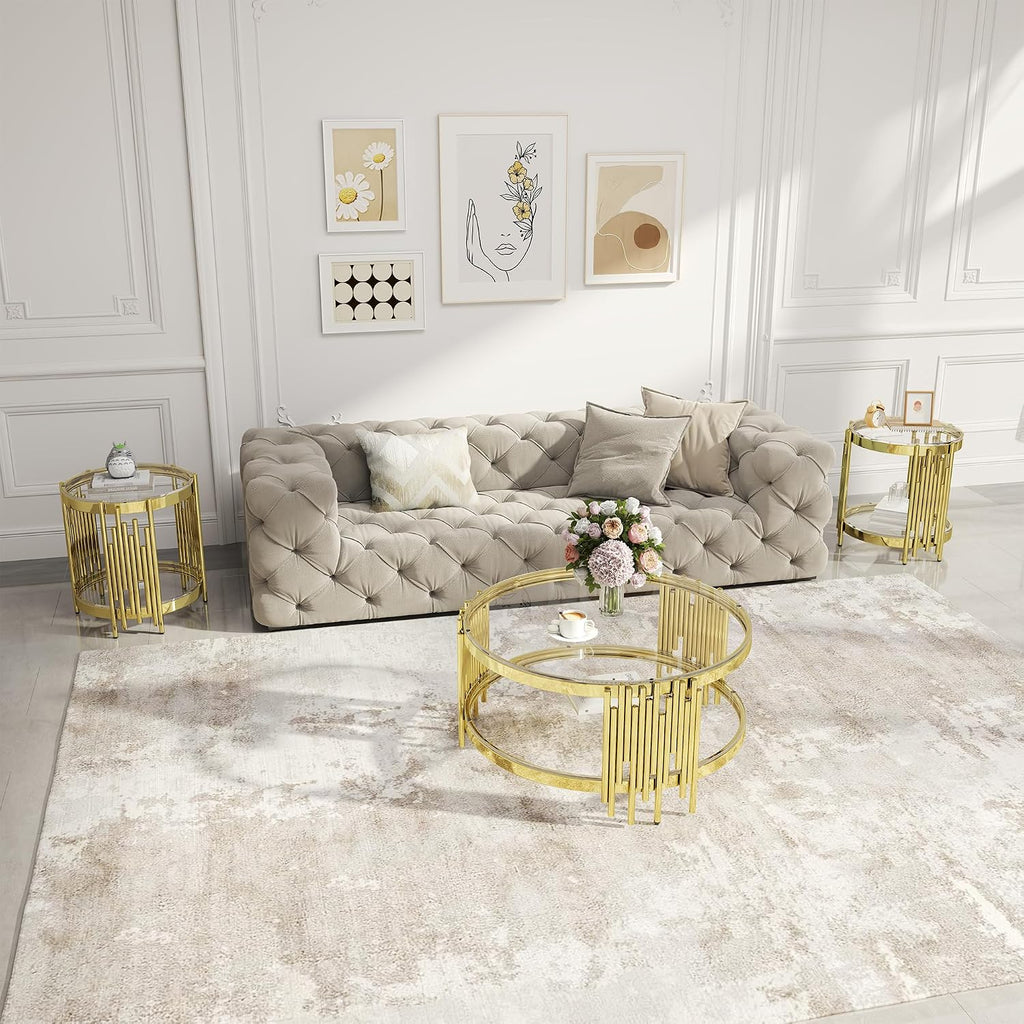 Round Glass Coffee Table Set of 2, Gold and Clear Modern Living Room Table Set, Includes 1 Coffee Table & 1 End Tables, Stainless Steel Base Tempered Glass Top, Luxury Furniture for Home Office