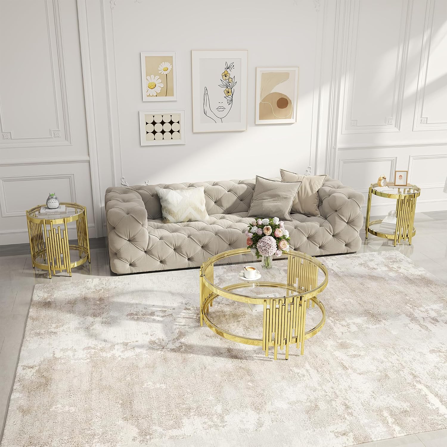 Round Glass Coffee Table Set of 2, Gold and Clear Modern Living Room Table Set, Includes 1 Coffee Table & 1 End Tables, Stainless Steel Base Tempered Glass Top, Luxury Furniture for Home Office