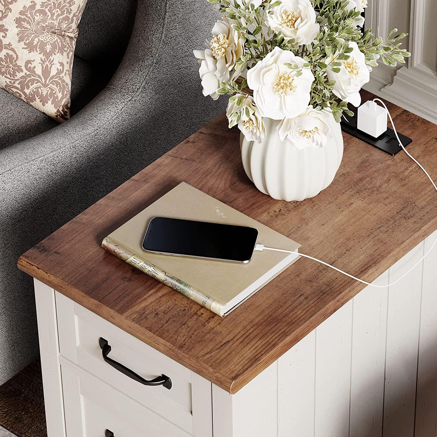 WAMPAT 3 Pieces Living Room Table Set, One Farmhouse Lift Top Coffee Table with Drawer, Set of 2 End Tables Nightstands with Charging Station, Off White