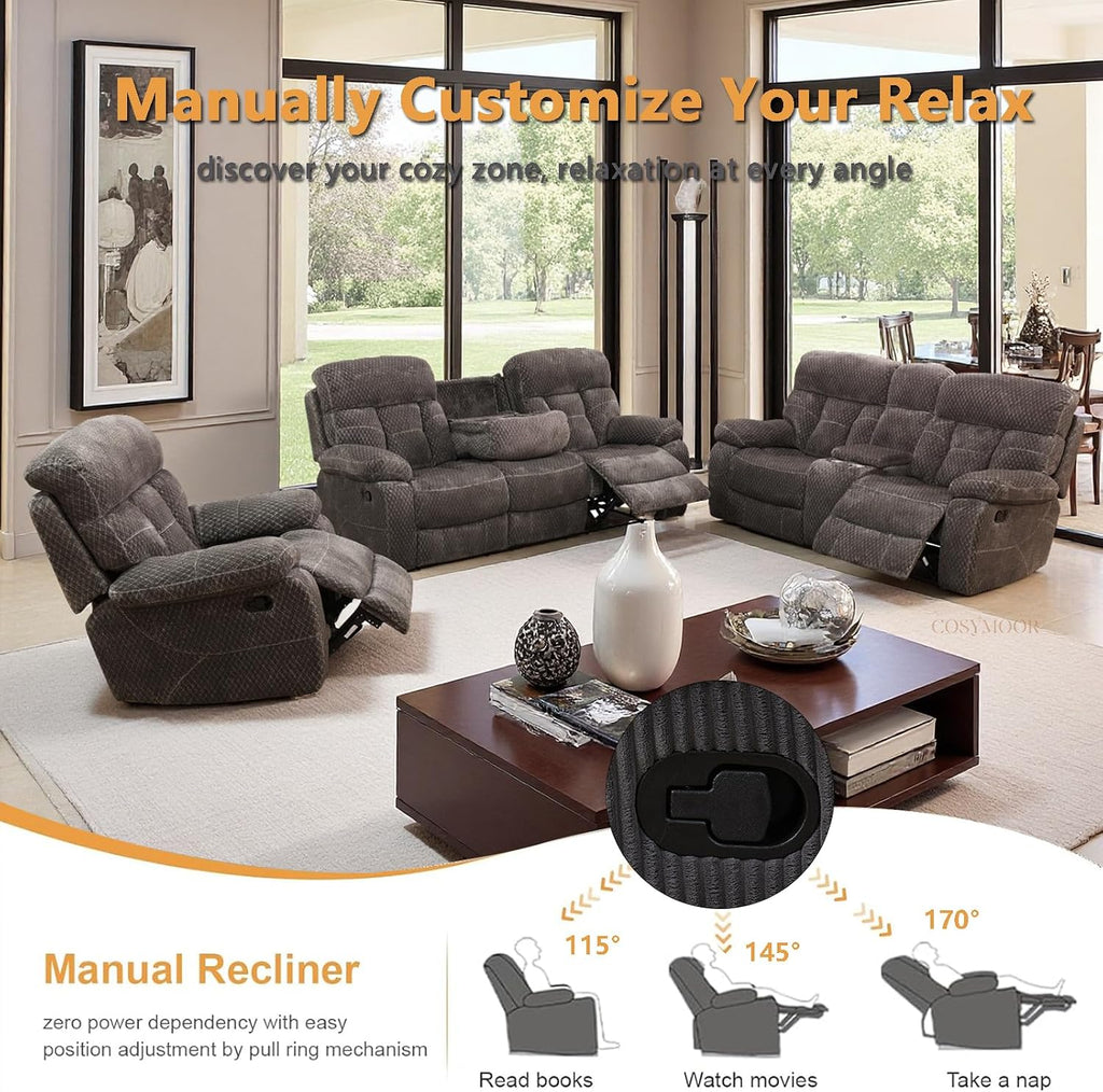 Fabric Recliner Sofa Set with Cup Holder, 3 Pieces Living Room Furniture Sets, Manual Reclining Sofa Set with Storage, Modern Reclining Couches for Living Room/Office