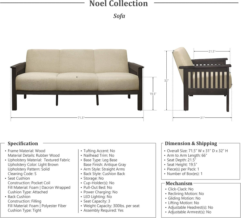 Lexicon Noel 75.5' W Fabric Living Room Sofa Couch, Brown
