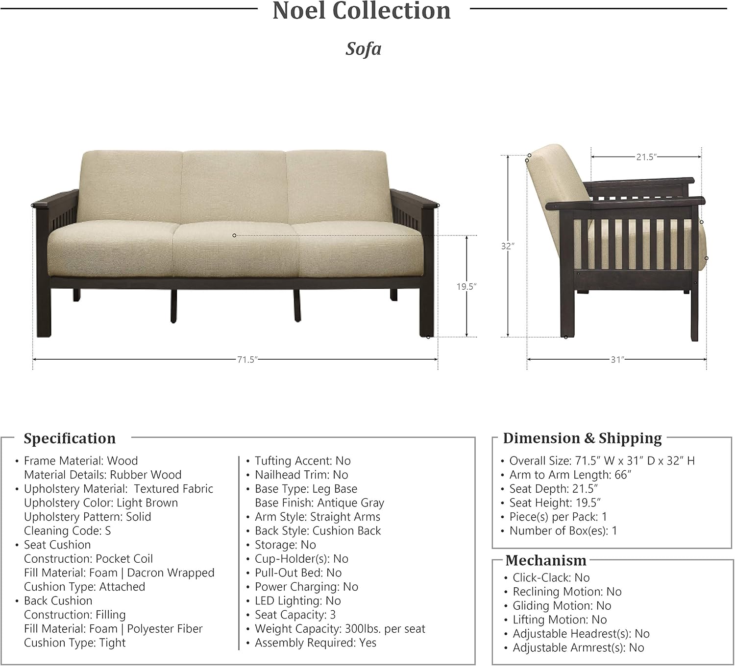 Lexicon Noel 75.5' W Fabric Living Room Sofa Couch, Brown