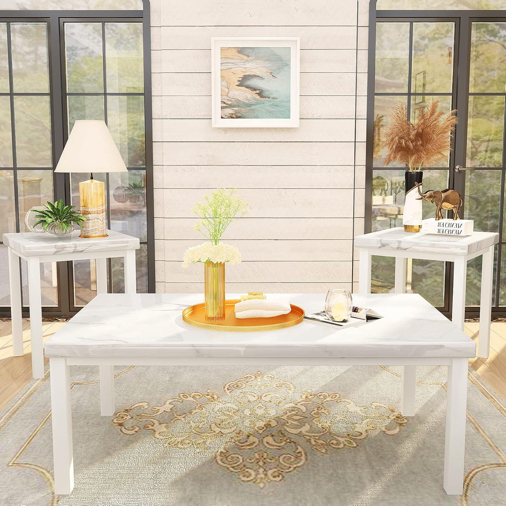 DKLGG Faux Marble Coffee Table Set of 3 Piece, Living Room Table Set Coffee Table & 2pcs End Table with Metal Frame Sofa Side Tables Perfect for Living Room Apartment Accent Furniture