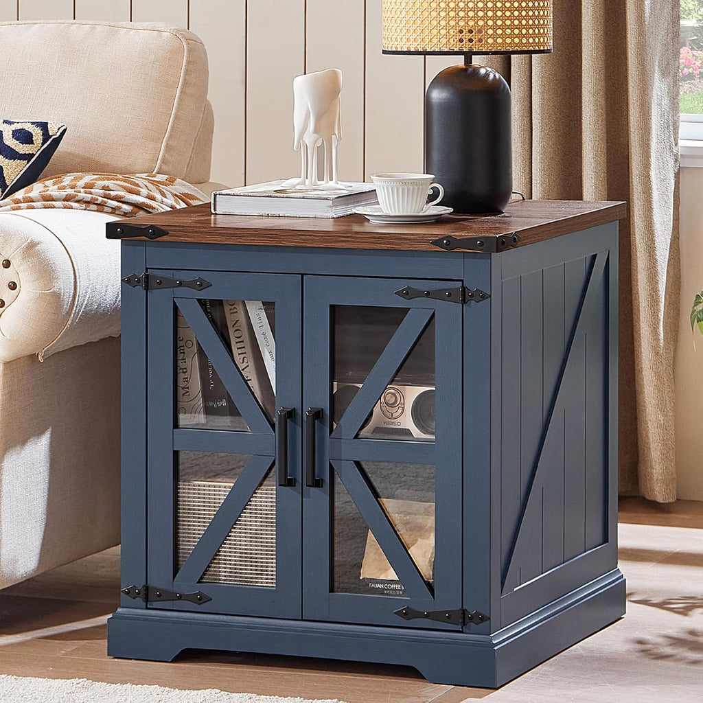 Joaxswe 24' End Table with Charging Station, Farmhouse Night Stand with Glass Barn Door, White Nightstands with Adjustable Storage Shelf, Large Wood Square Bed Side Table for Living Room,Bedroom