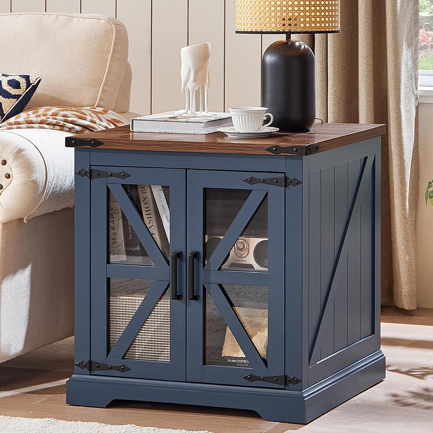 Joaxswe 24' End Table with Charging Station, Farmhouse Night Stand with Glass Barn Door, White Nightstands with Adjustable Storage Shelf, Large Wood Square Bed Side Table for Living Room,Bedroom