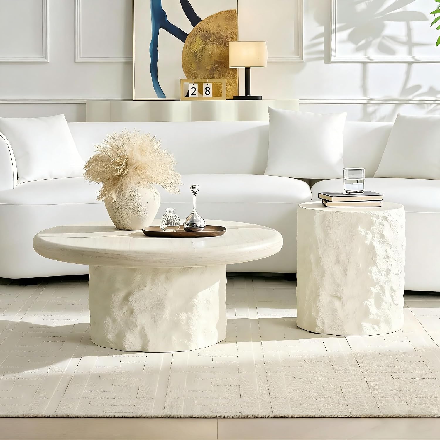 Set of 2 Round Coffee Tables for Living Room, 35.04' W x 14.96' H Faux Mars Circle Drum Pattern Modern Minimalist 15.75' W x17.72 Side Tables Accent End Table for Apartment, Office, Beige