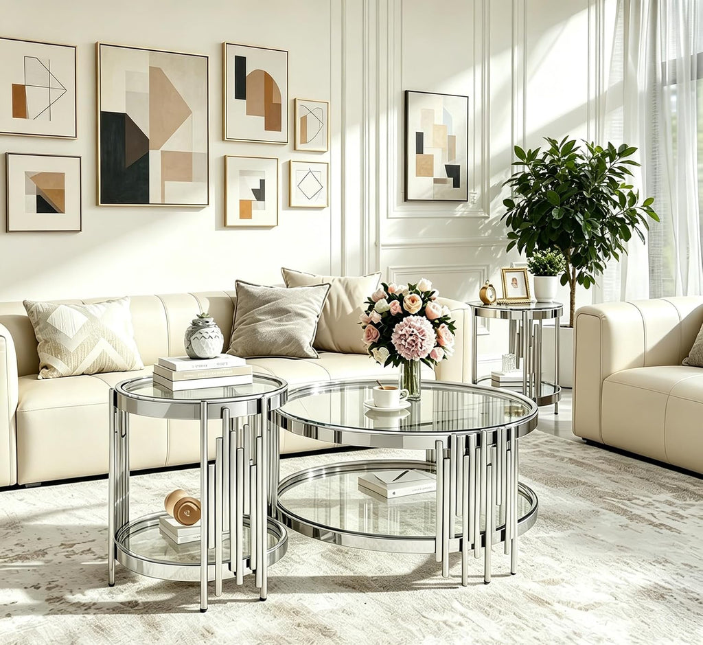 31.5' Round Glass Coffee Table 2-Tier Clear Storage Coffee Table with Silver Irregular Stainless Steel Leg, Modern Circle Glass Tea Center Tables for Living Room Home Apartment Office