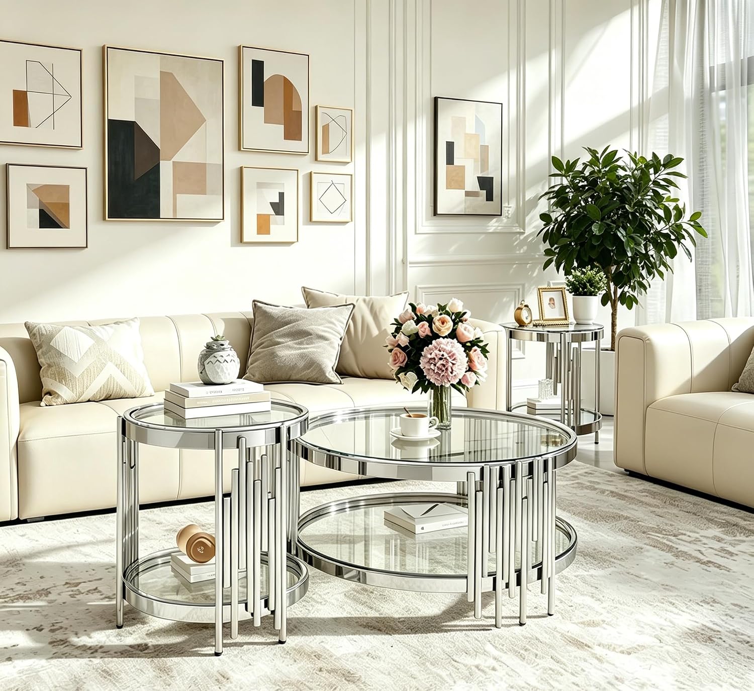 31.5' Round Glass Coffee Table 2-Tier Clear Storage Coffee Table with Silver Irregular Stainless Steel Leg, Modern Circle Glass Tea Center Tables for Living Room Home Apartment Office