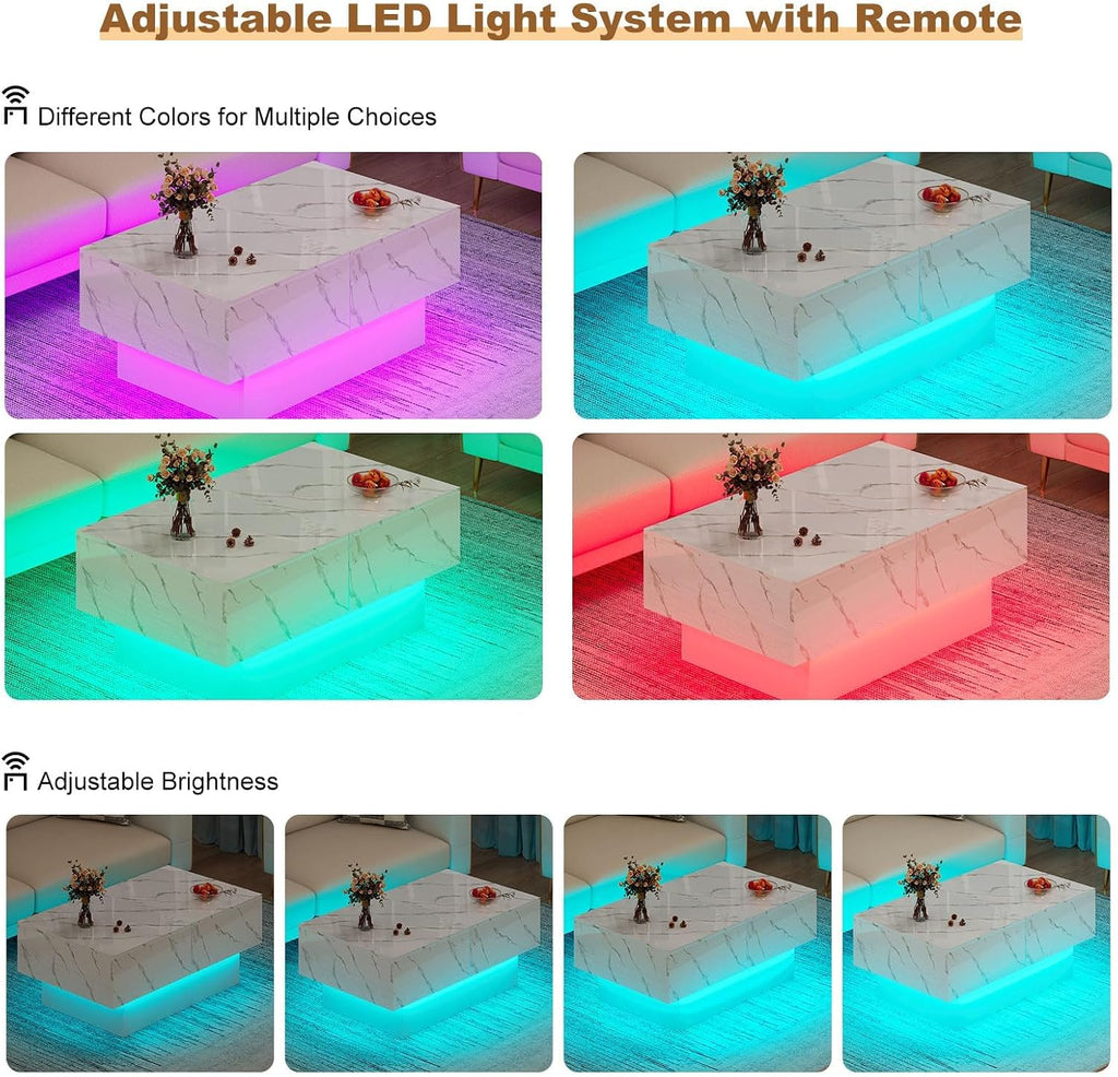 HedoAjim White Marble LED Coffee Table with Storage for Living Room, Living Room Table Rectangular Center Table, Modern High Glossy Wooden Coffee Tables for Dining Reception Room