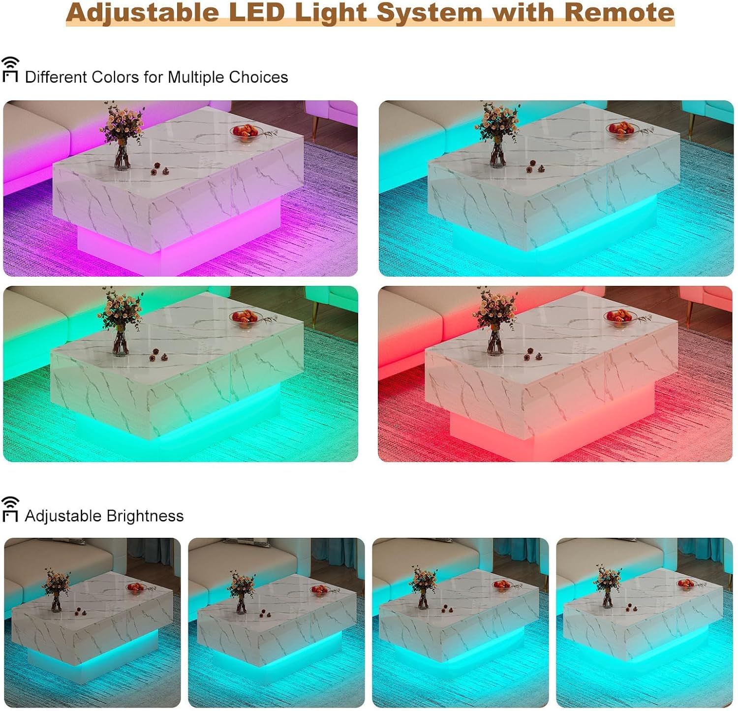 HedoAjim White Marble LED Coffee Table with Storage for Living Room, Living Room Table Rectangular Center Table, Modern High Glossy Wooden Coffee Tables for Dining Reception Room
