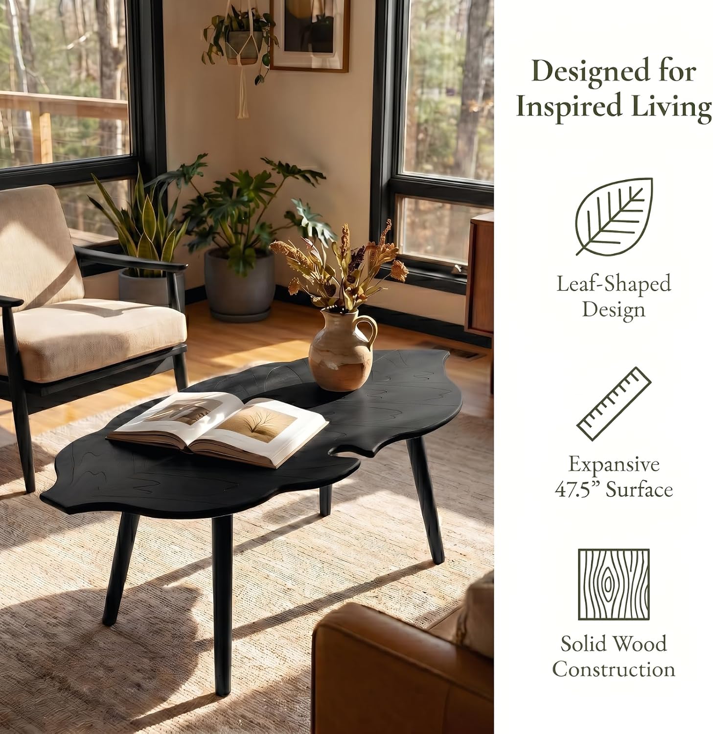 HNY Modern Coffee Table for Living Room, Black Wood Coffee Table Farmhouse Center Table Vivid Leaf Table End Table with Rustic Grain Side Table with Wood Leg for Bedroom Office Cafe Small Space