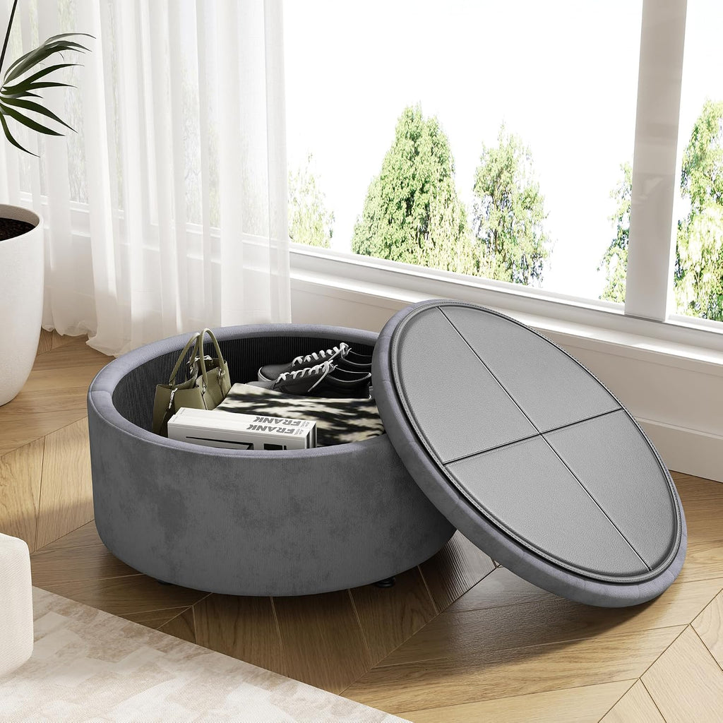 30 Inch Round Storage Ottoman,Modern Tufted Ottomans,Circular Coffee Table with Removable Top,Upholstered Large Ottoman with Storage Footrest Stool for Bedroom Living Room (LIGHTGREY)