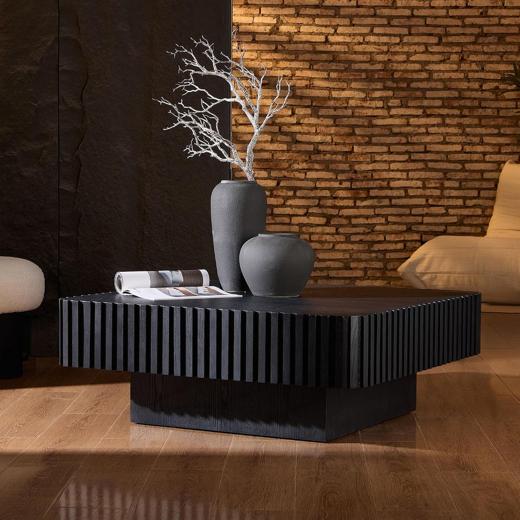 WILLIAMSPACE 35.43' Square Coffee Table with Sturdy Base, Modern Luxury Wood Drum Center Table Accent End Side Table for Living Room, Minimalist Fluted Design, Black