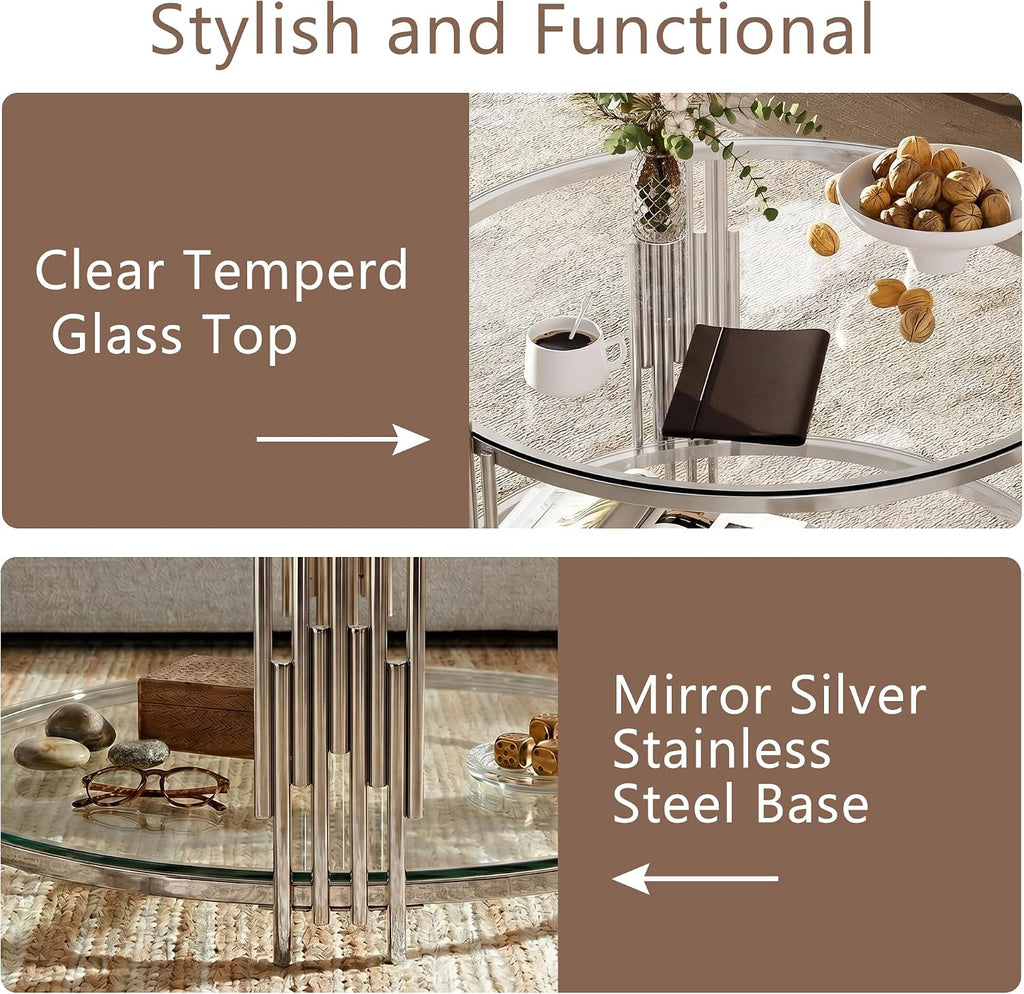 31.5' Round Glass Coffee Table 2-Tier Clear Storage Coffee Table with Silver Irregular Stainless Steel Leg, Modern Circle Glass Tea Center Tables for Living Room Home Apartment Office