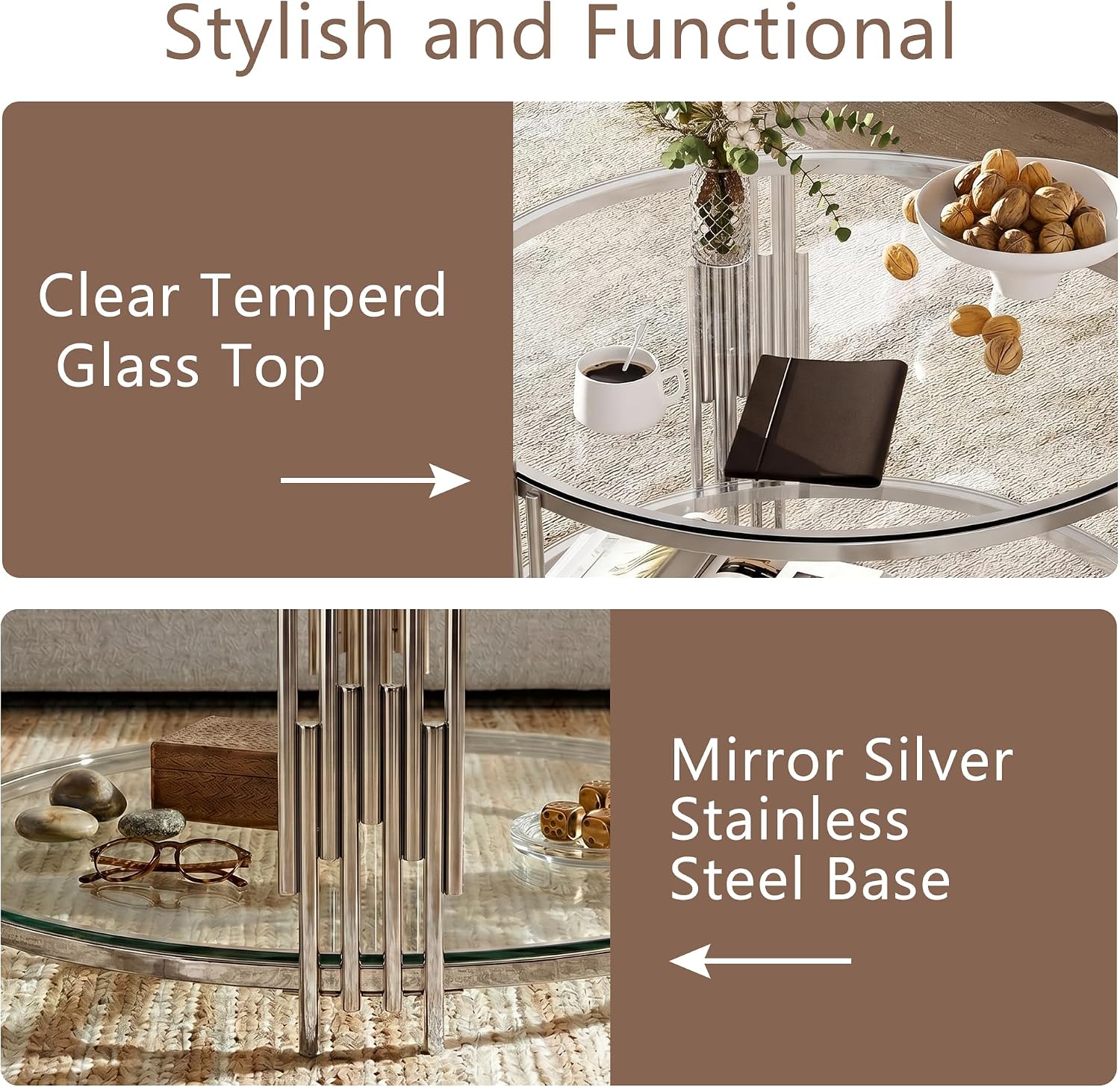 3 Piece Round Glass Coffee Table Set of 3, 31.5' Circle Coffee Table and 2 End Tables Set with Silver Stainless Steel Frame, Modern 2-Tier Clear Silver Living Room Table Set for Home Office