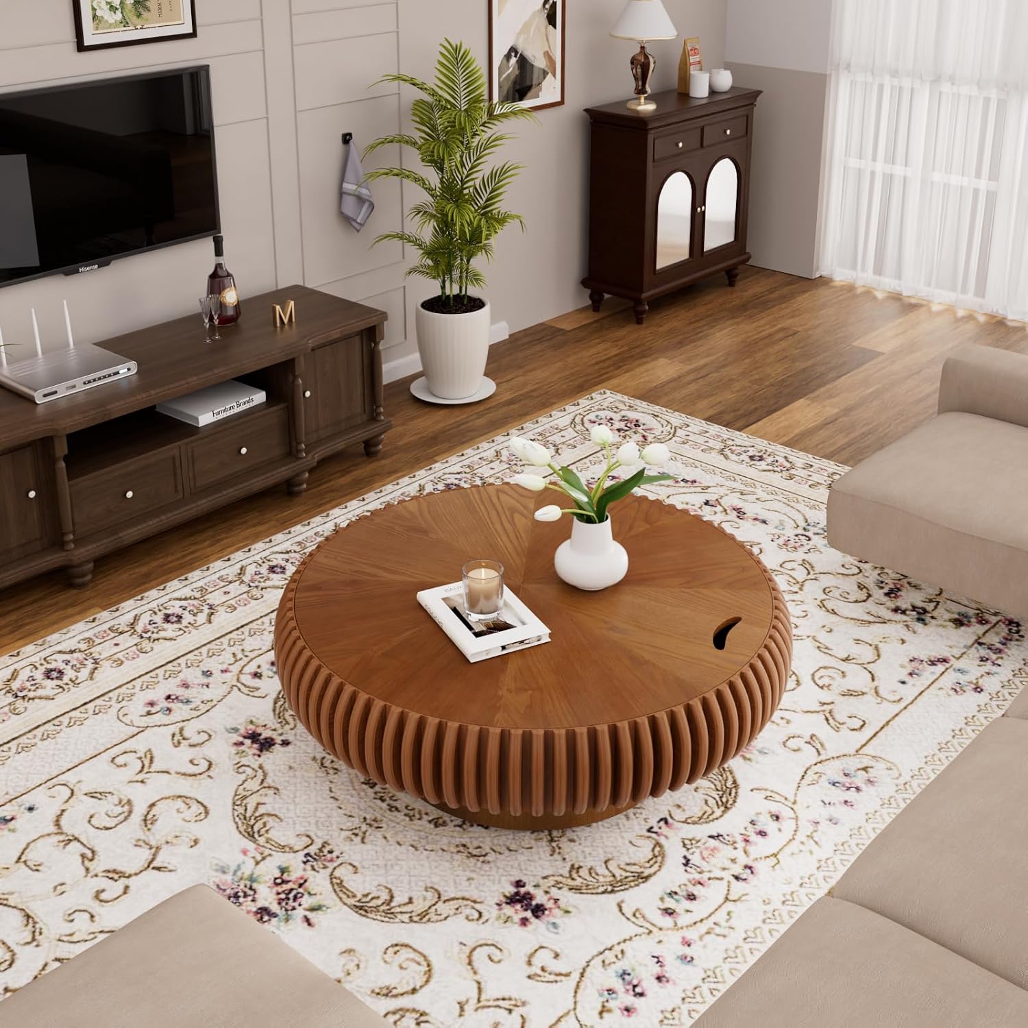 39.37'' Round Drum Coffee Table with Hidden Storage, Modern Fluted Coffee Tables with Solid Wood Veneer, Wooden Circle Center Table for Living Room, Small Spaces, and Apartments, Easy Assembly