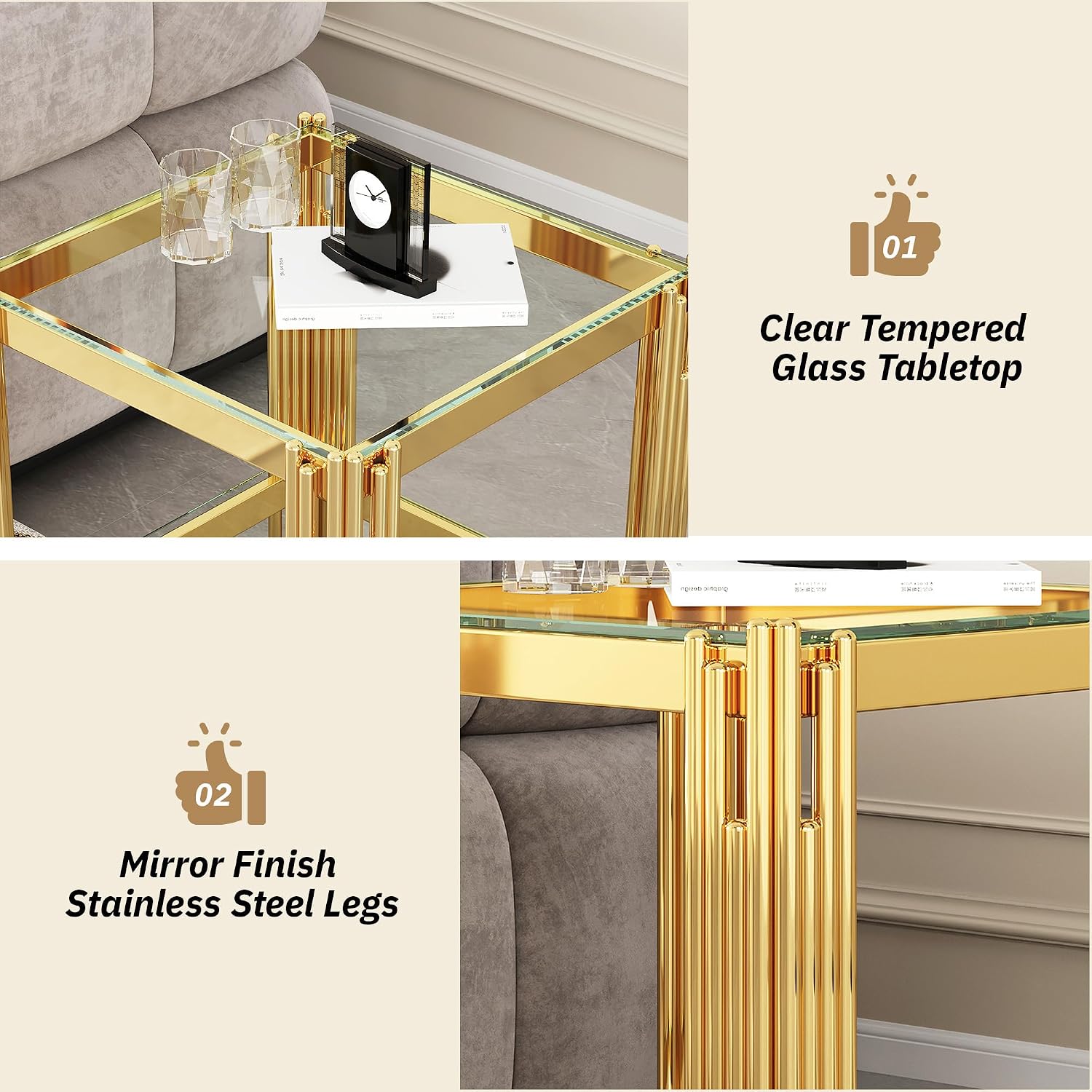 AF ARTISAN FURNITURE 2-Tier Glass End Table Modern Square Living Room Table Sofa Side Table, Stainless Steel Metal Leg Tempered Glass Small Corner Table, Clear&Gold