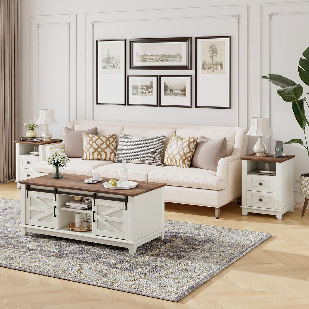 LUXOAK Farmhouse Table Set of 3, Coffee Table with Sliding Barn Doors, End Tables Set of 2 with Charging Station for Living Room & Bedroom, Sliding Barn Doors, 2 Tiers Storage Drawer, Antique White