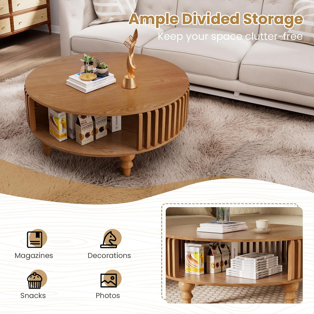 2-Tier Round Coffee Table 30.7' Round Coffee Table with Storage Mid-Century Modern Circle Accent Center Table Farmhouse Low Cocktail Tea Furniture for Living Room Small Spaces (30.7' Round)