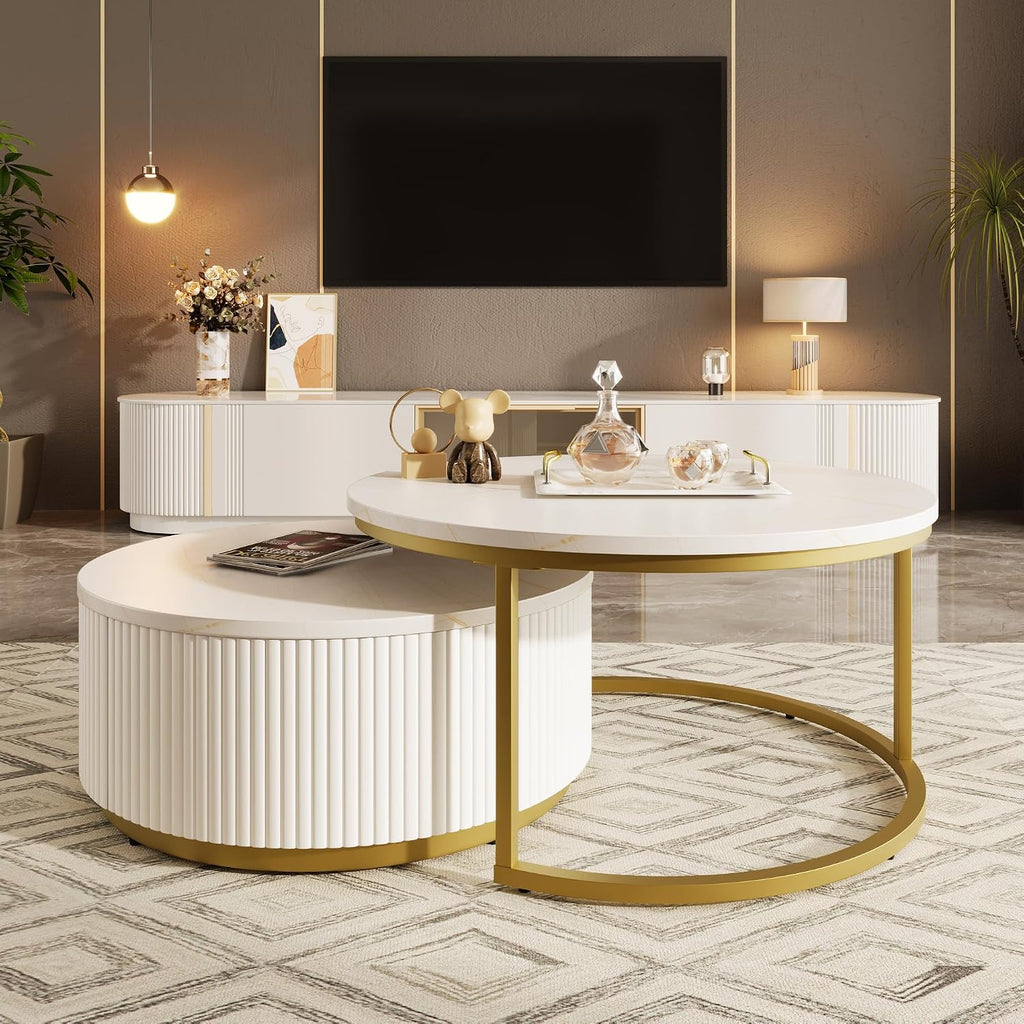 Lift-Top Nesting Coffee Table Set of 2, Modern Round Coffee Table with Drawer, Circular Wood Center Table Set for Living Room, Apartment, 31.5' White & Gold