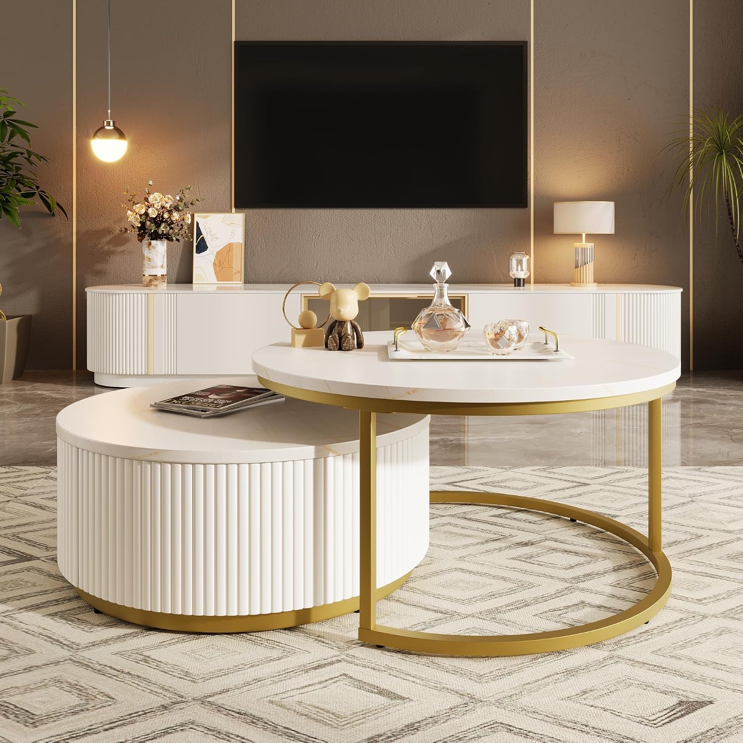 Lift-Top Nesting Coffee Table Set of 2, Modern Round Coffee Table with Drawer, Circular Wood Center Table Set for Living Room, Apartment, 31.5' White & Gold