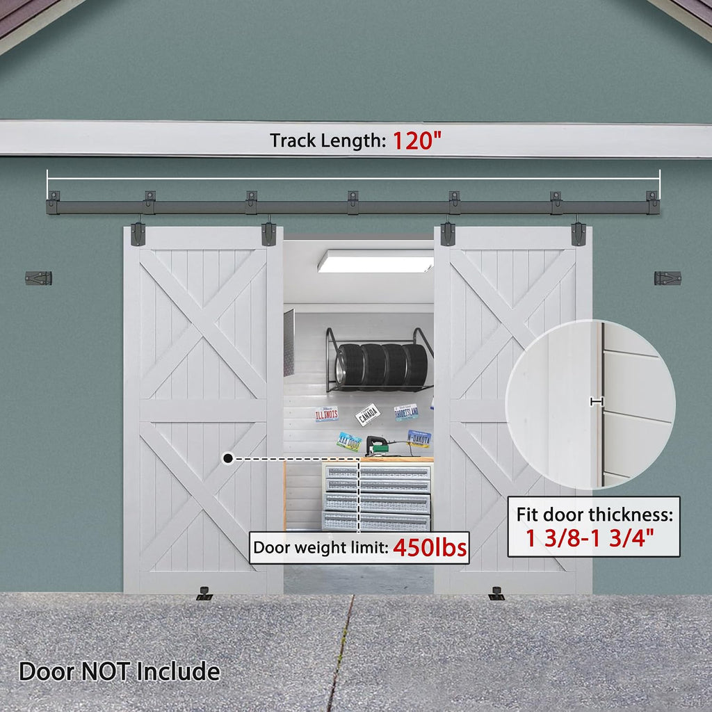 Exterior Barn Door Hardware Kit, BARNSMITH 10FT Sliding Barn Door Hardware Heavy Duty Doors Track Kit for Double Doors Use, Wall Mount, Black (Hardware Only)