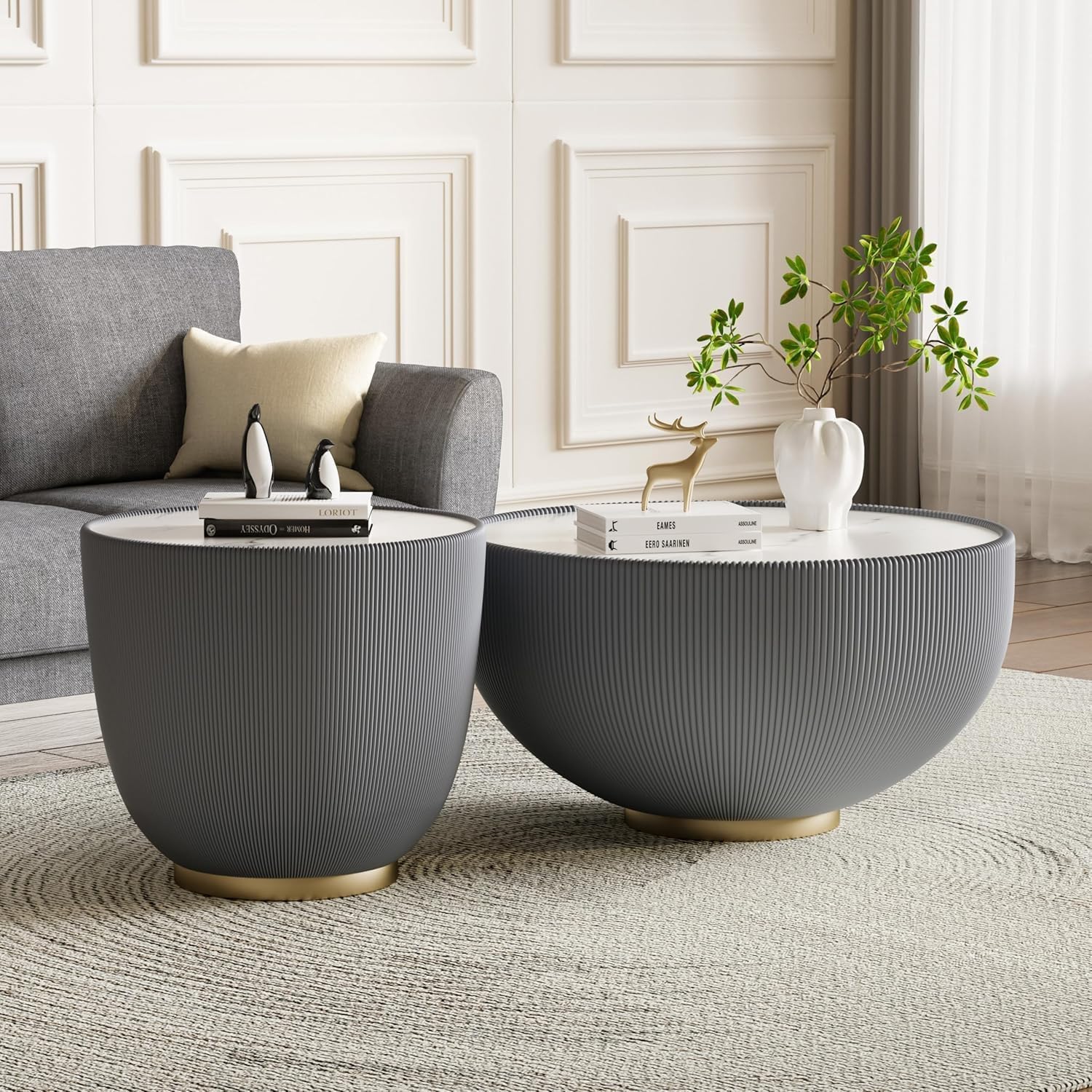 Round Coffee Table Set of 2, Sintered Stone Grey Coffee Table with Grey End Table, Nesting Tables for Living Room, Accent Side Table for Apartment Home Office, No Need Assembly