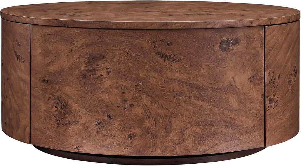 Flieks Burl Wood Rotating Coffee Table with 2 Drawers, 360° Rotating Top, Walnut, 28.4'
