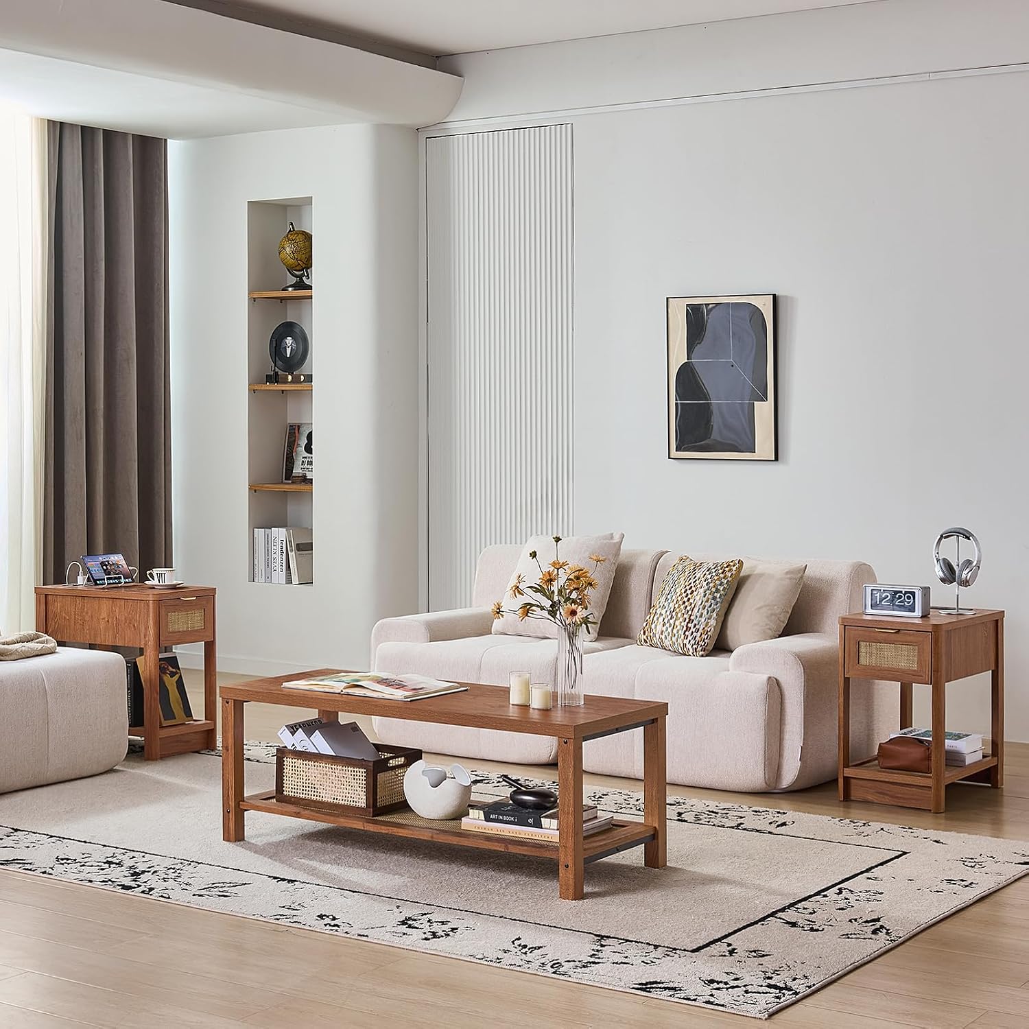 Lerliuo Boho Coffee Table Set of 3, Rattan Coffee and End Table Sets with Charging Station, Living Room Table Set with Open Shelf for Living Room, Tea Brown