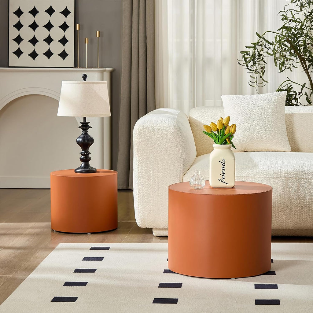 19.09' Modern Coffee Table Set of 2, Leather Accent Tables, Wooden Minimalist Side Tables for Small Spaces, Living Room, Bedroom, Office & Balcony(Orange)