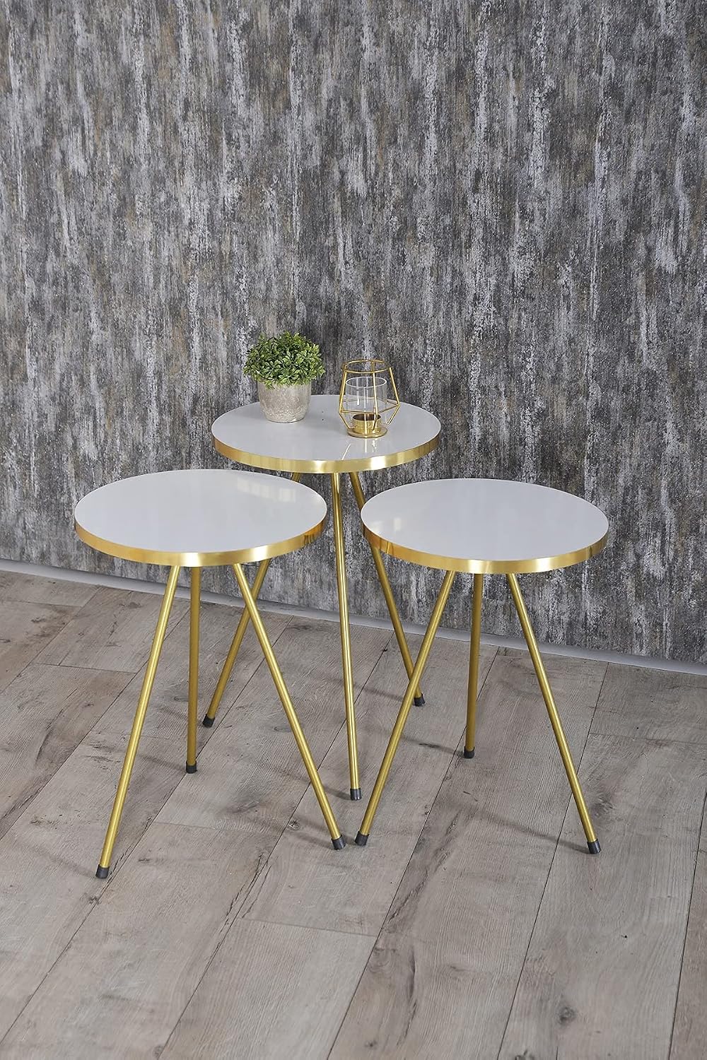 Set of 3 Nesting END Tables - Round Stacking Coffee Side Tables for Small Spaces, Nightstand Bedside Table for Living Room, Bedroom, Living Room, Balcony, NO-Tools Assembly (White/Gold)