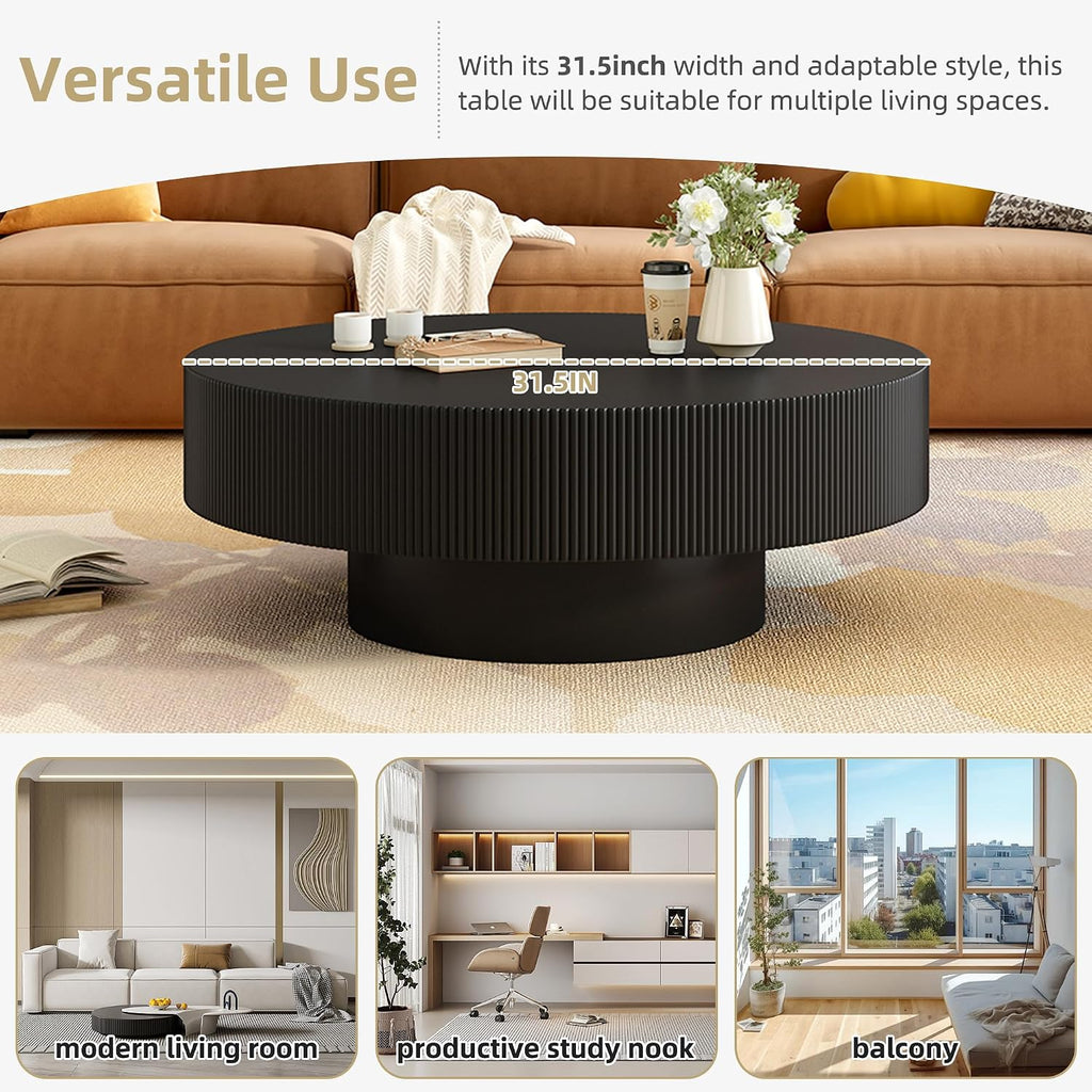 WILLIAMSPACE 31.5' Black Round Coffee Table with 6.8' Thick Tabletop & Sturdy Base, Modern Drum Center Table Circle Accent Side Table for Living Room, Minimalist Fluted Design, Black
